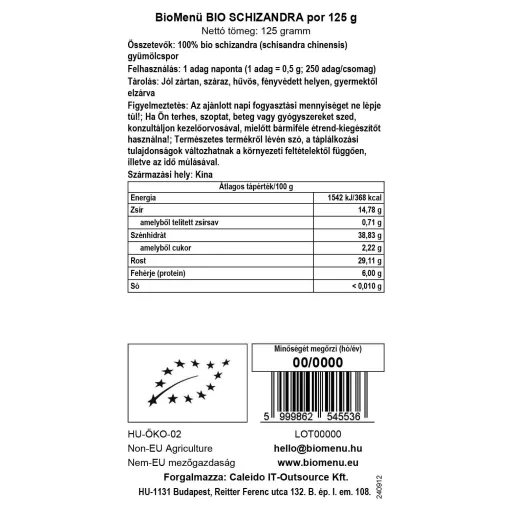 BioMenü Bio Schisandra Pulver 125 g Datenetikett