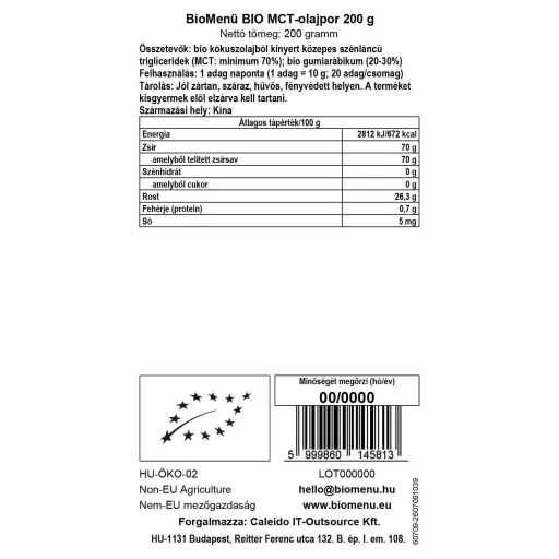 BioMenü Bio-MCT-Öl-Pulver 200 g Datenetikett